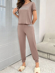 Letter Print Shirt and Drawstring Waist Pants Pajama Set Womens Lingerie - Nimall