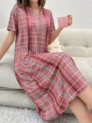 Long Nightgown Nightdress Half Button Plaid Print Womens Lingerie - Nimall