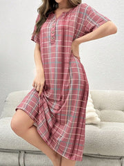 Long Nightgown Nightdress Half Button Plaid Print Womens Lingerie - Nimall