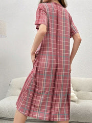 Long Nightgown Nightdress Half Button Plaid Print Womens Lingerie - Nimall