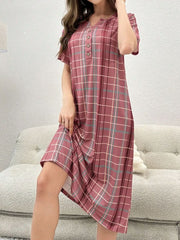 Long Nightgown Nightdress Half Button Plaid Print Womens Lingerie - Nimall