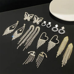 Long rhinestone fringed earrings women's full diamond butterfly love studs - Nimall