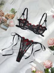 Luxury Women's Sheer Floral Lace Bra Set with Side Tie Thong Womens Lingerie - Nimall