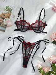 Luxury Women's Sheer Floral Lace Bra Set with Side Tie Thong Womens Lingerie - Nimall