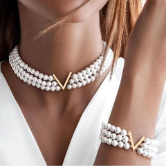 Multi - layer pearl jewelry set women's ins wind V - collar bracelet set - Nimall