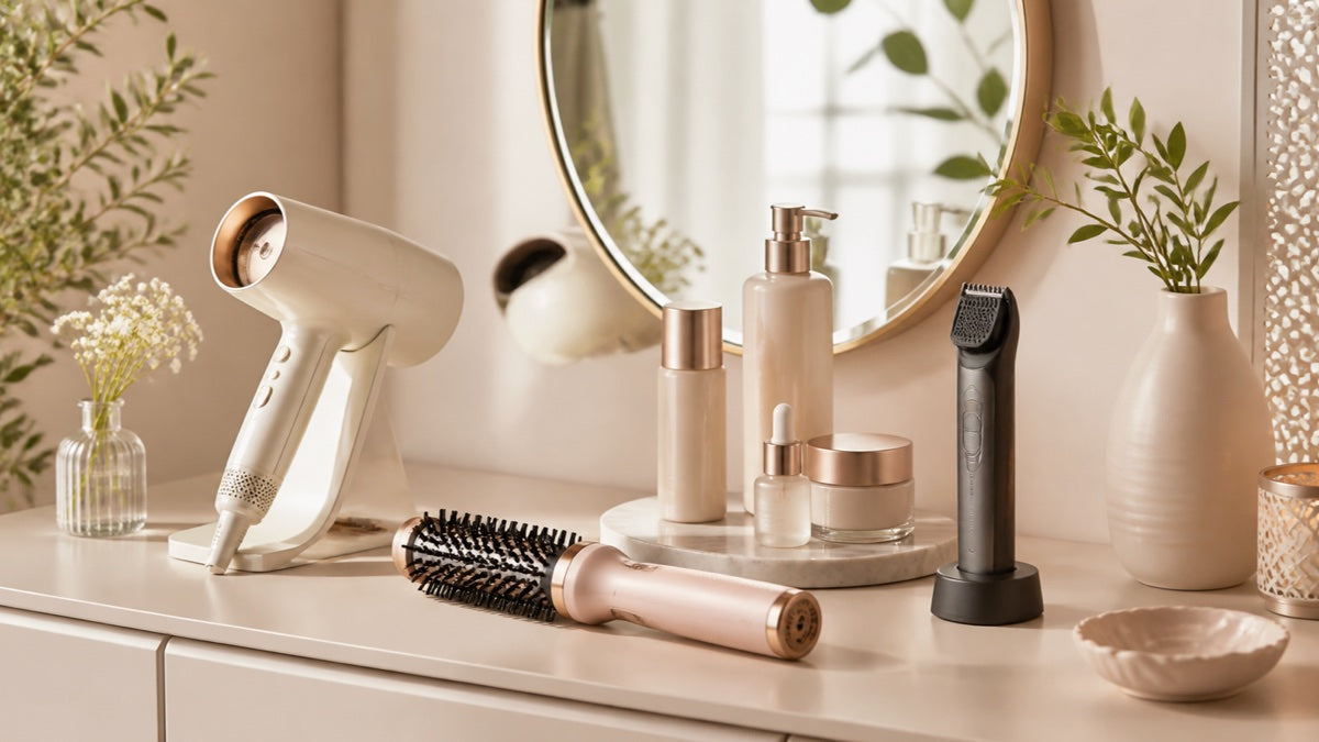 Personal care products at a warm vanity