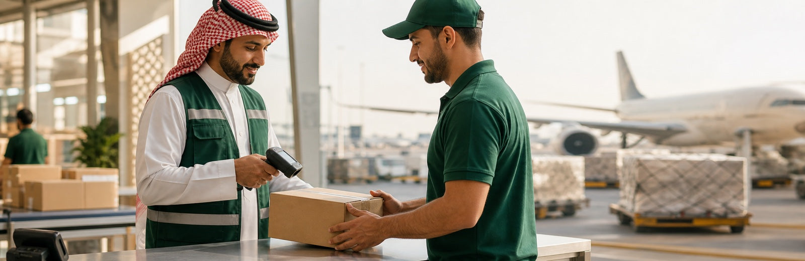 A logistics team scanning a parcel for regional delivery