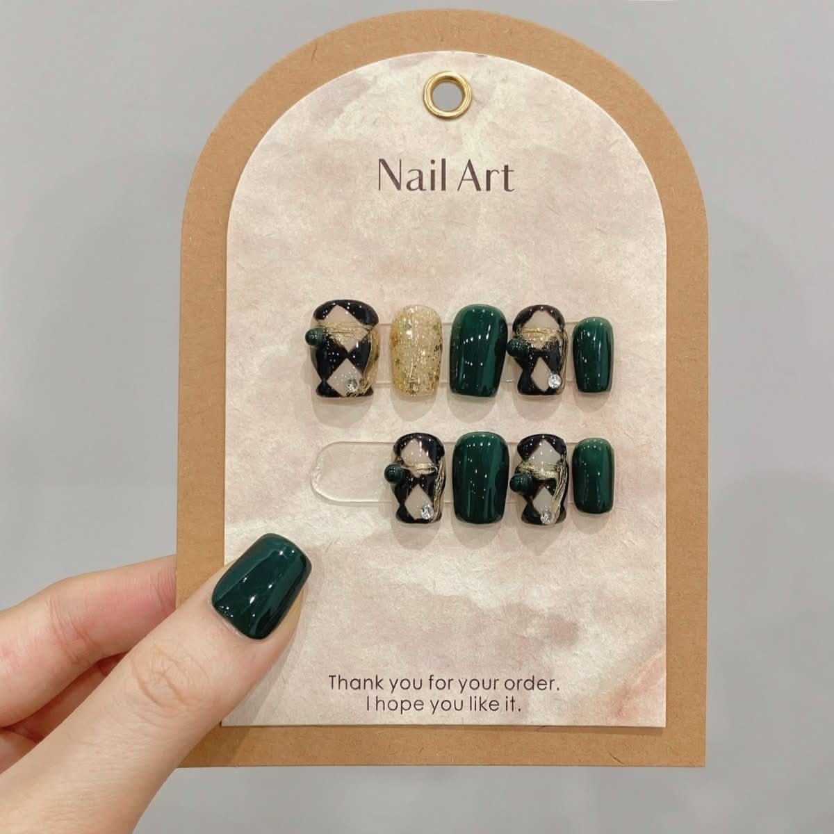 Original real shot emerald diamond pure handmade wearing nail gentle manicure Internet celebrity fake nail patch - Nimall