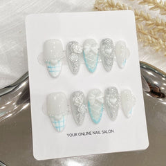 Original real shot handmade manicure, sweet cool blue cute bow versatile white wearing nail finished patch - Nimall