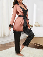 Pajama Set Consisting Of Belted Silk Robe Womens Lingerie - Nimall