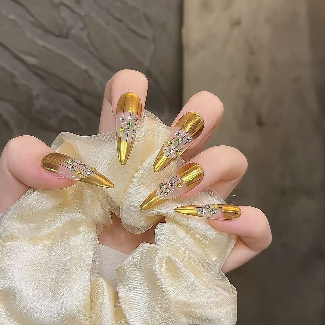 Paper drunk gold fan gold Buccellati diamond - set pure handmade light luxury wearing nail advanced niche nail art finished product - Nimall