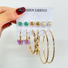 Pearl earrings set combination geometric loop earrings six - piece set - Nimall