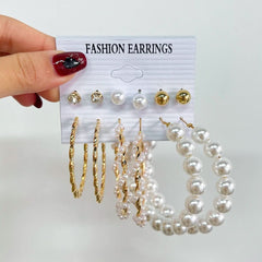 Pearl earrings set combination geometric loop earrings six - piece set - Nimall