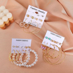 Pearl earrings set combination geometric loop earrings six - piece set - Nimall