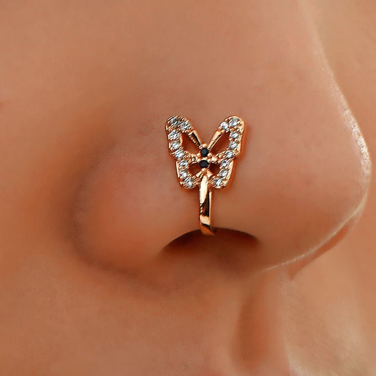 Personalized u - shaped false nose ring with diamonds butterfly nose stud nose clip - Nimall