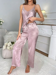 Pink Jacquard Lace Contrast Satin Pajama Set Womens Lingerie - Nimall