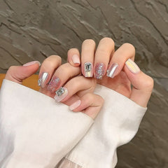 Pure handmade manicure wear nail dream aurora pink sequins manicure patch short wear nail - Nimall