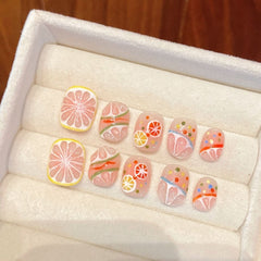 Pure handmade nail, high - end temperament, white summer fresh lemon short nail art, cute nail patch - Nimall