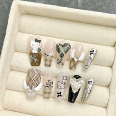 Pure handmade wearing nail piece real shot plaid Kitty nail art sky spice girl wind versatile model cute wind wearing nail - Nimall