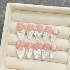 Purely handmade real nail art wearing nail fake nail sticker spring and summer nude white flower white fairy nail art finished product - Nimall