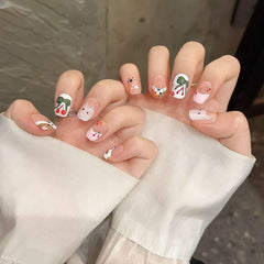 Purely handmade wearing nail cute cherry cat manicure wearing nail removable fake nail short white - Nimall