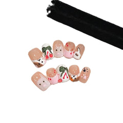 Purely handmade wearing nail cute cherry cat manicure wearing nail removable fake nail short white - Nimall