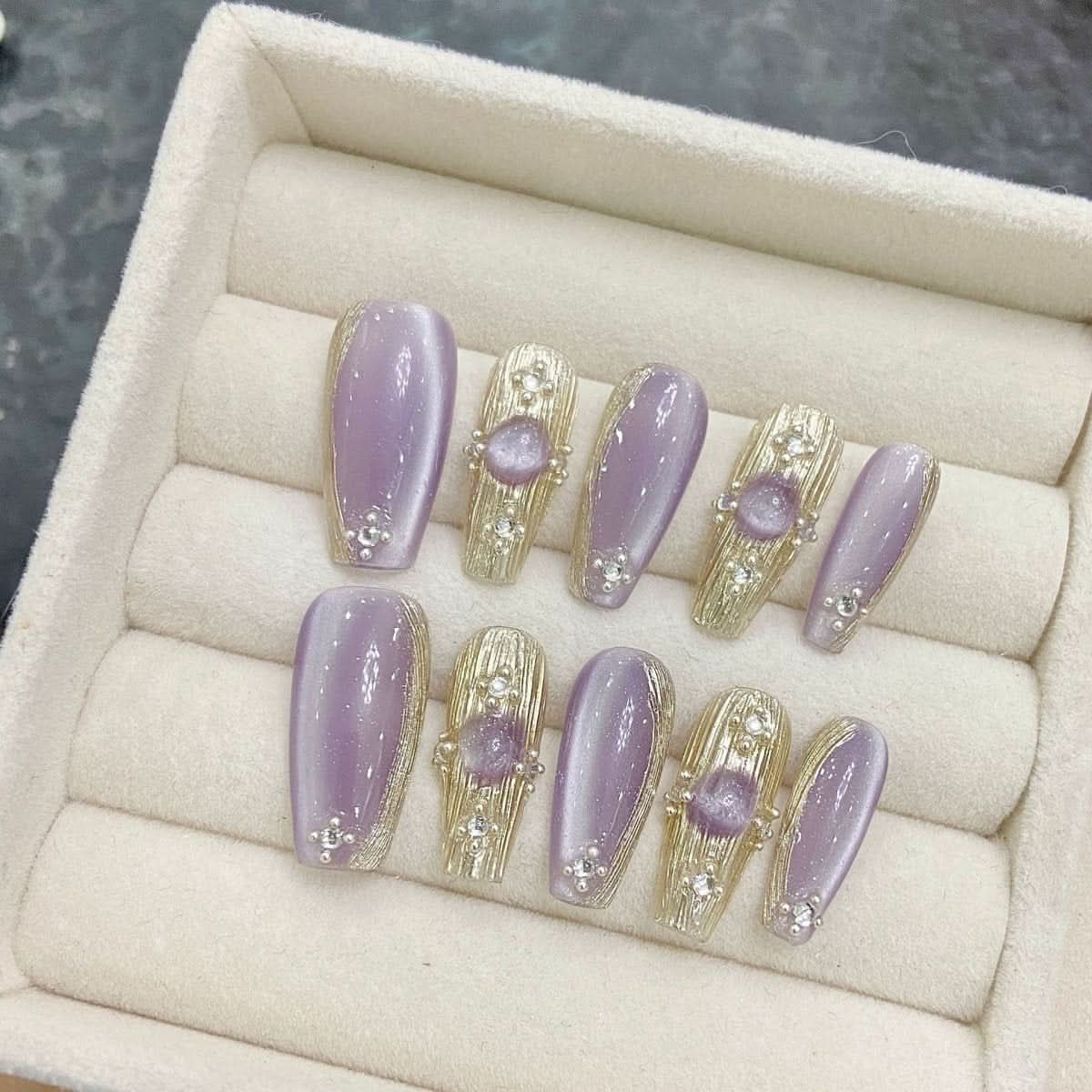 Purple Buccellati Handmade Nail Piece Premium Satin Cat's Eye Nail Art Phototherapy Nail Piece Removable - Nimall