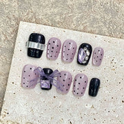 Purple wind chimes are purely handmade nail art, purple cat's eye bow with drill, sweet and cute fake nails. - Nimall