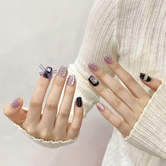 Purple wind chimes are purely handmade nail art, purple cat's eye bow with drill, sweet and cute fake nails. - Nimall