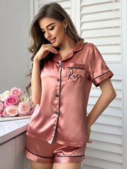 Pyjama Set With Turn - up Collar And Embroidered Collar Velvet Pocket Letter Womens Lingerie - Nimall