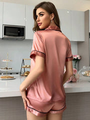 Pyjama Set With Turn - up Collar And Embroidered Collar Velvet Pocket Letter Womens Lingerie - Nimall