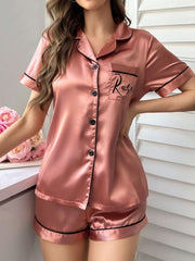 Pyjama Set With Turn - up Collar And Embroidered Collar Velvet Pocket Letter Womens Lingerie - Nimall