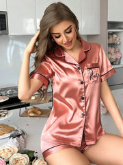 Pyjama Set With Turn - up Collar And Embroidered Collar Velvet Pocket Letter Womens Lingerie - Nimall