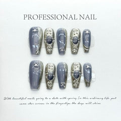 Real shot wearing nail pure handmade nail art finished fake nail patch blue light bulb cat eye buchella - Nimall