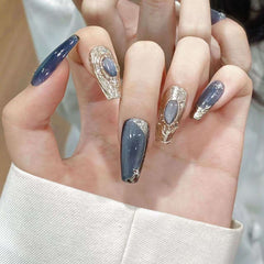 Real shot wearing nail pure handmade nail art finished fake nail patch blue light bulb cat eye buchella - Nimall