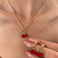 Red Cherry Collarbone Chain Earrings Cherry Pendant Necklace Earrings - Nimall