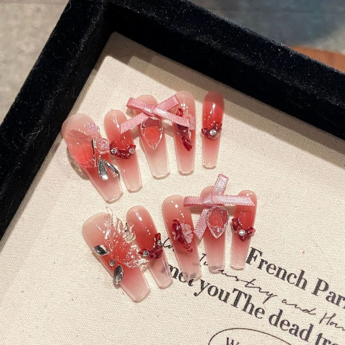 Red naked through ice through high cold three - dimensional butterfly sticker drilling lifetime love socialite hottie wearing nail fake nails - Nimall