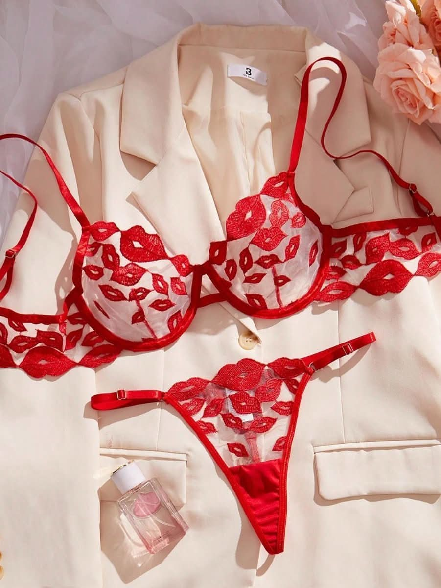 Sexy Women Lingerie Set Bra and Panty Set Dotted Lip Embroidery Womens Lingerie - Nimall