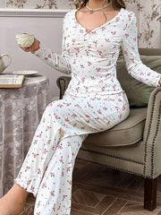 Shein Cottage Slumber Floral Print Ruffle Long Sleeves V - Neck Womens Lingerie - Nimall