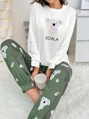 Shein CoupledUp White Koala Graphic Tee And Pants Pajama Set Womens Lingerie - Nimall