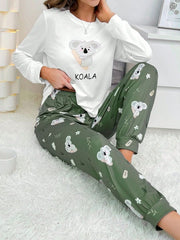 Shein CoupledUp White Koala Graphic Tee And Pants Pajama Set Womens Lingerie - Nimall