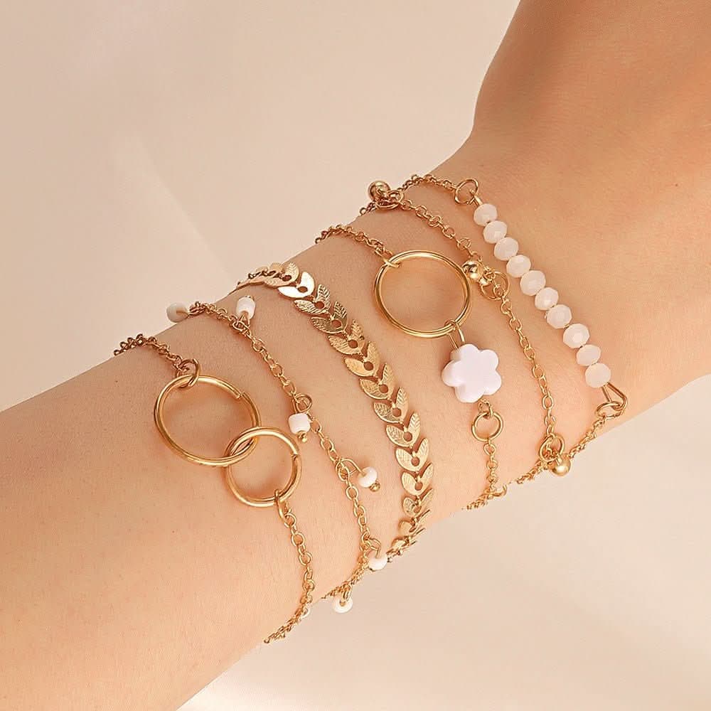 Simple circle bracelet set Flower tassel leaf bracelet 6 - piece set - Nimall