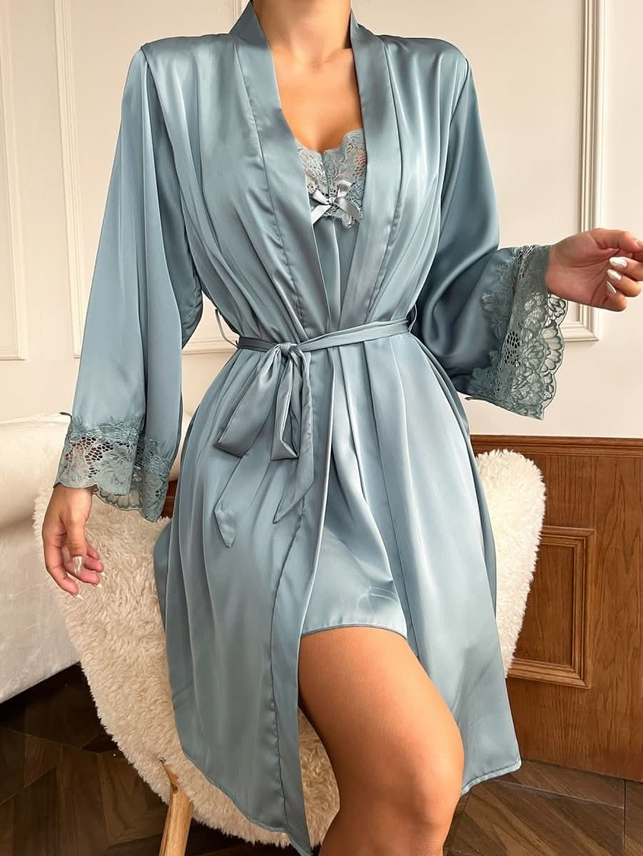 Sleepsuit Satin Sleep Dress With Contrast Embroidery Womens Lingerie - Nimall