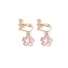 Small fresh pink flower pearl earrings, no pierced earrings, five - petal floral temperament earrings. - Nimall