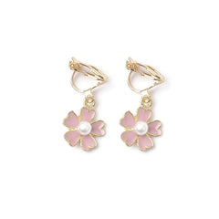 Small fresh pink flower pearl earrings, no pierced earrings, five - petal floral temperament earrings. - Nimall