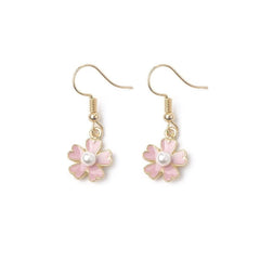 Small fresh pink flower pearl earrings, no pierced earrings, five - petal floral temperament earrings. - Nimall