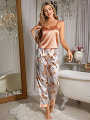 Solid Camisole Floral Print Satin Pants 2 Piece Pajama Set Womens Lingerie - Nimall