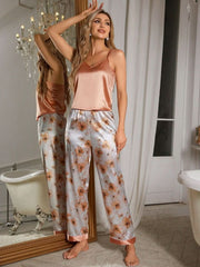 Solid Camisole Floral Print Satin Pants 2 Piece Pajama Set Womens Lingerie - Nimall