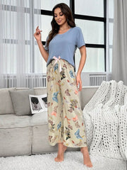 Solid Color Casual Pajama Set with Floral Print Womens Lingerie - Nimall