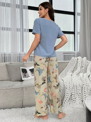 Solid Color Casual Pajama Set with Floral Print Womens Lingerie - Nimall